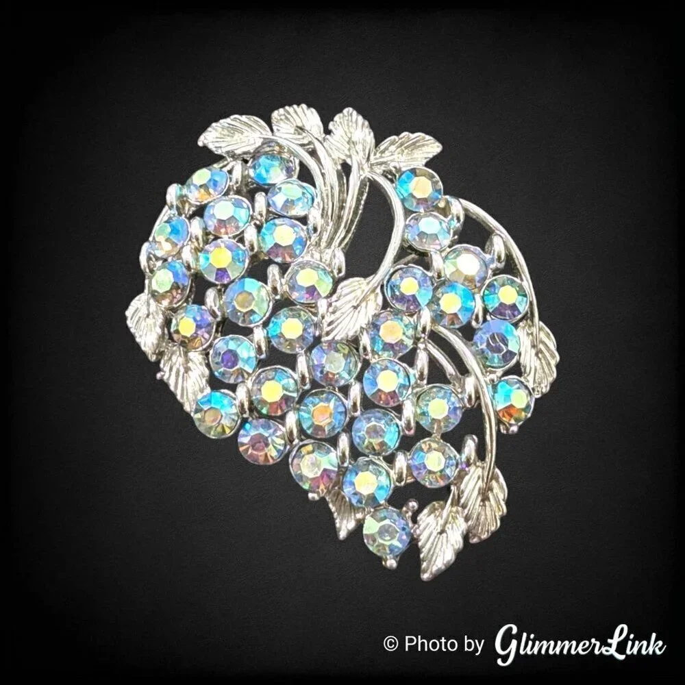 Vintage BSK Blue Aurora Borealis AB Rhinestone Leaves Silver Tone Brooch